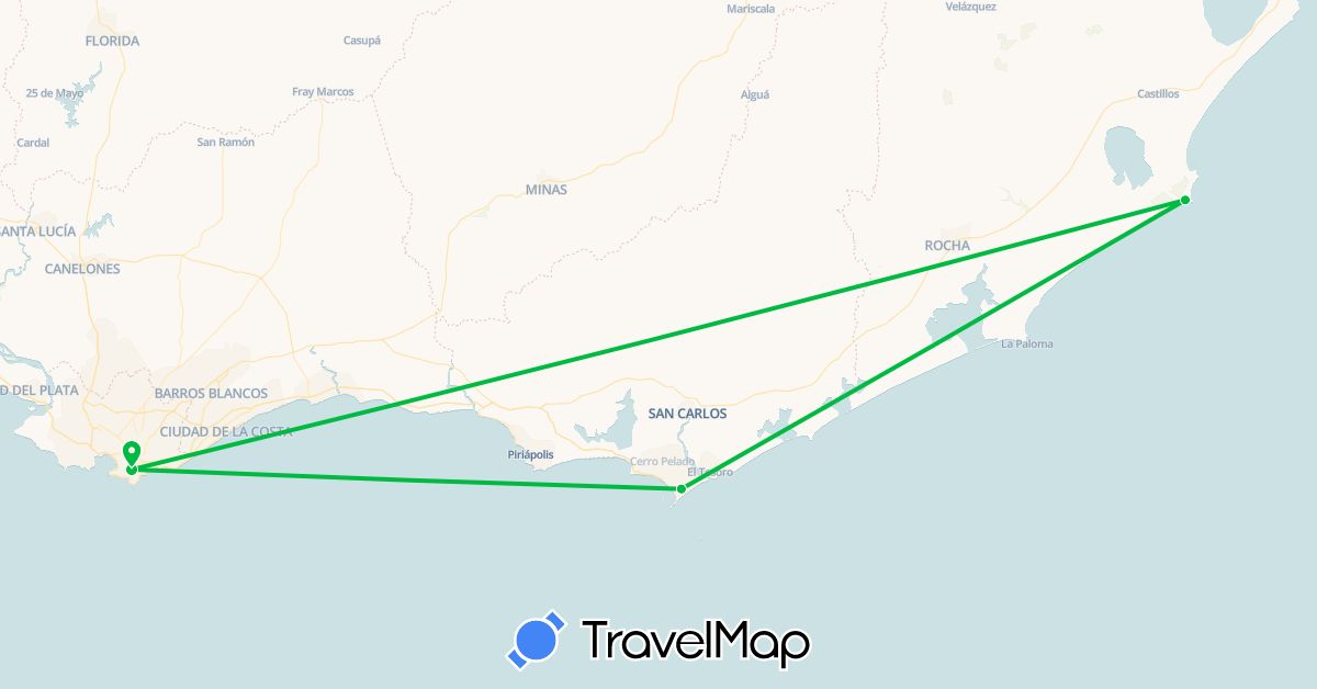 TravelMap itinerary: driving, bus in Uruguay (South America)